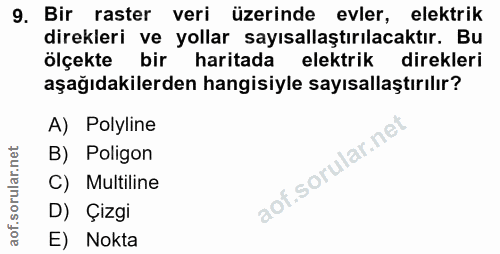 9. soru: Bir raster veri üzerinde evler, elektrik direkleri ve yollar sayısallaştırılacaktır. Bu ölçekte bir haritada elektrik…