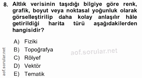 8. soru: Altlık verisinin taşıdığı bilgiye göre renk, grafik, boyut veya noktasal yoğunluk olarak görselleştirilip daha kolay…