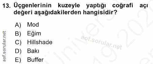 13. soru: Uçgenlerinin kuzeyle yaptığı cografi açi değeri aşağıdakilerden hangisidir? A) Mod Eğim C) Hillshade D) Bakı E) Buffer