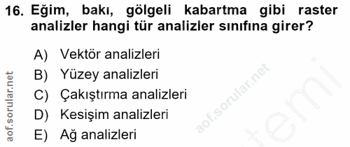 16. soru: Eğim, bakı, gölgeli kabartma gibi raster analizler hangi tür analizler sınıfına girer? A) Vektör analizleri B) Yüzey…