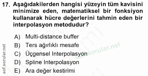 17. soru: Aşağıdakilerden hangisi yüzeyin tüm kavisini minimize eden, matematiksel bir fonksiyon kullanarak hücre değerlerini t…