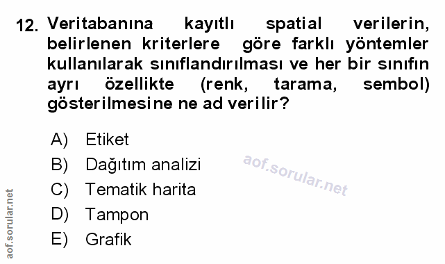 12. soru: Veritabanına kayıtlı spatial verilerin, belirlenen kriterlere göre farklı yöntemler kullanılarak sınıflandırılması ve…