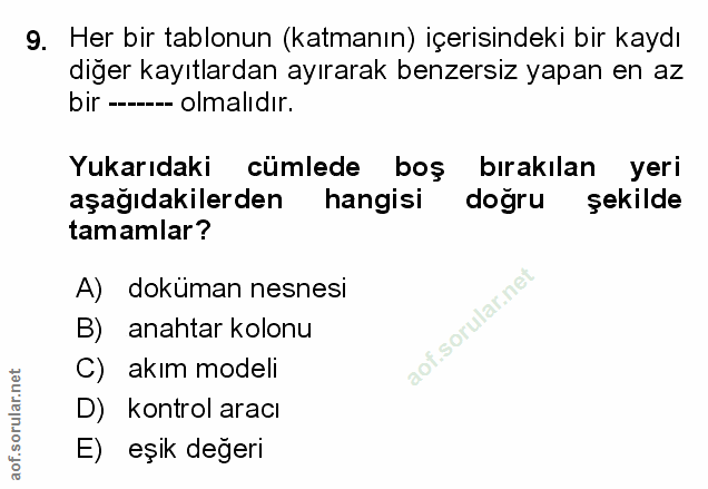 9. soru: Her bir tablonun (katmanın) içerisindeki bir kaydı diğer kayıtlardan ayırarak benzersiz yapan en az bir --- olmalıdır…