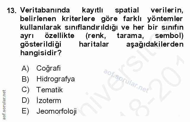 13. soru: Veritabanında kayıtlı spatial verilerin, belirlenen kriterlere göre farklı yöntemler kullanılarak sınıflandırıldığı v…