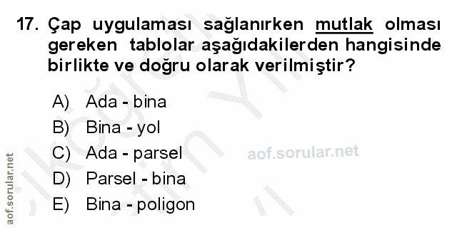 17. soru: Çap uygulaması sağlanırken mutlak olması gereken tablolar aşağıdakilerden hangisinde birlikte ve doğru olarak verilmi…