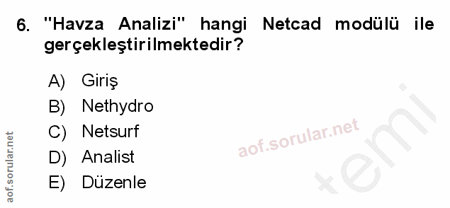 6. soru: "Havza Analizi" hangi Netcad modülü ile gerçekleştirilmektedir? A) Giriş B) Nethydro C) Netsurf D) Analist E) Düzenle