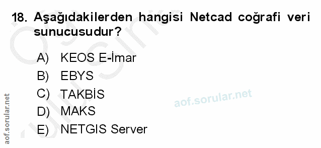 18. soru: Aşağıdakilerden hangisi Netcad cografi veri sunucusudur? A) KEOS E-Imar B) EBYS C) TAKBIS D) MAKS E) NETGIS Server