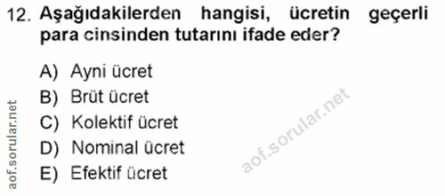 12. soru: Aşağıdakilerden hangisi, ücretin geçerli para cinsinden tutarını ifade eder? A) Ayni ücret B) Brüt ücret C) Kolektif…