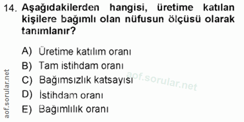 14. soru: Aşağıdakilerden hangisi, üretime katılan kişilere bağımlı olan nüfusun ölçüsü olarak tanımlanır? A) Üretime katılım o…