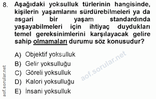 8. soru: Aşağıdaki yoksulluk türlerinin hangisinde, kişilerin yaşamlarını sürdürebilmeleri ya da asgari bir yaşam standardında…