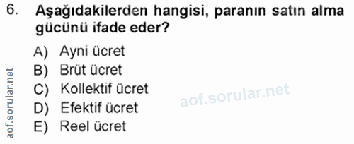 6. soru: Aşağıdakilerden hangisi, paranın satın alma gücünü ifade eder? A) Ayni ücret B) Brüt ücret C) Kollektif ücret D) Efek…