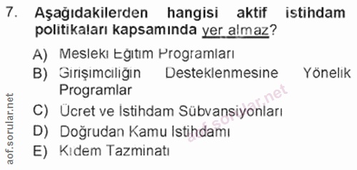 7. soru: Aşağıdakilerden hangisi aktif istihdam politikaları kapsamında yer almaz? A) Meslekı Egitım Programları B) Girişımcıl…