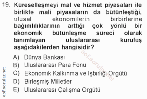 19. soru: Küreselleşmeyi mal ve hizmet piyasaları ile birlikte mali piyasaların da bütünleştiği, ulusal ekonomilerin birbirleri…