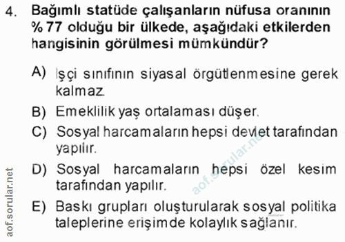 4. soru: Bağımlı statüde çalışanların nüfusa oranının % 77 olduğu bir ülkede, aşağıdaki etkilerden hangisinin görülmesi mümkün…
