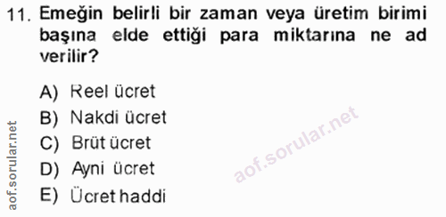 11. soru: Emeğin belirli bir zaman veya üretim birimi başına elde ettiği para miktarına ne ad verilir? A) Reel ücret B) Nakdi ü…