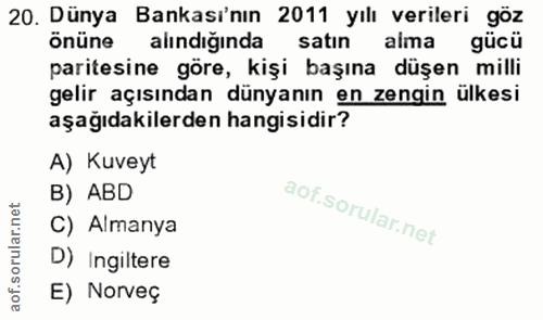 20. soru: Dünya Bankası'nın 2011 yılı verileri göz önüne alındığında satın alma gücü paritesine göre, kişi başına düşen milli g…
