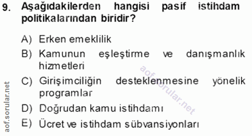 9. soru: Aşağıdakilerden hangisi pasif istihdam politikalarından biridir? A) Erken emeklilik B) Kamunun eşleştirme ve danışman…