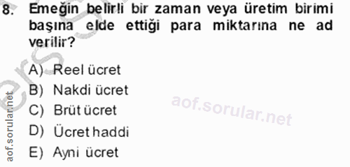 8. soru: Emeğin belirli bir zaman veya üretim birimi başına elde ettiği para miktarına ne ad verilir? A) Reel ücret B) Nakdi ü…
