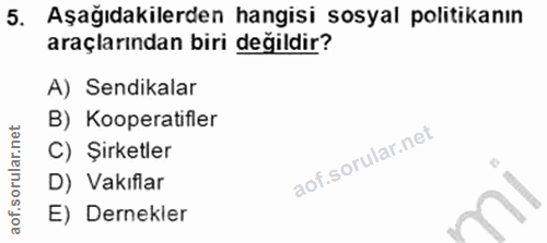 5. soru: Aşağıdakilerden hangisi sosyal politikanın araçlarından biri değildir? A) Sendikalar B) Kooperatifler C) Şirketler D)…