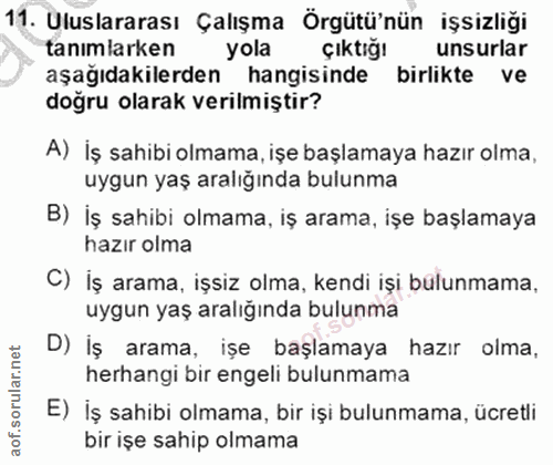 11. soru: Uluslararası Çalışma Örgütü'nün işsizligi tanimlarken yola çıktığı unsurlar aşağıdakilerden hangisinde birlikte ve do…