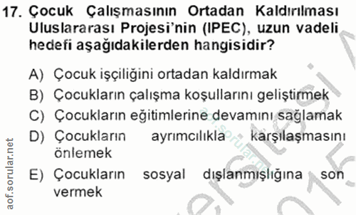 17. soru: Çocuk Çalışmasının Ortadan Kaldırılması Uluslararası Projesi'nin (IPEC), uzun vadeli hedefi aşağıdakilerden hangisidi…