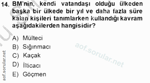 14. soru: BM'nin, kendi vatandaşı olduğu ülkeden başka bir ülkede bir yıl ve daha fazla süre kalan kişileri tanımlarken kulland…