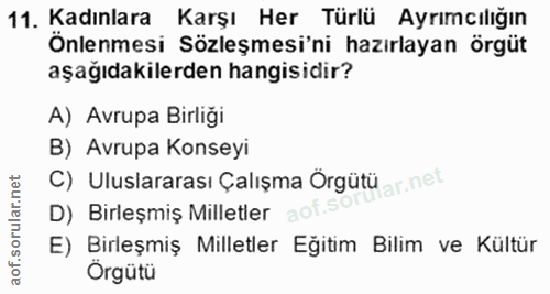 11. soru: Kadınlara Karşı Her Türlü Ayrımcılığın Önlenmesi Sözleşmesi'ni hazırlayan örgüt aşağıdakilerden hangisidir? A) Avrupa…