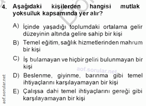 4. soru: Aşağıdaki kişilerden hangisi mutlak yoksulluk kapsamında yer alır? A) İçinde yaşadığı toplumdaki ortalama gelir düzey…