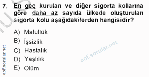 7. soru: En geç kurulan ve diğer sigorta kollarına göre daha az sayıda ülkede oluşturulan sigorta kolu aşağıdakilerden hangisi…