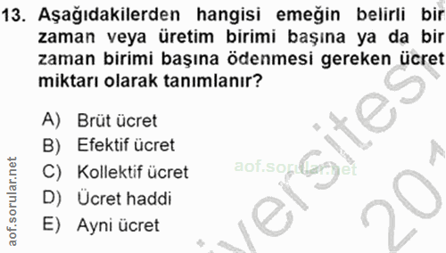 13. soru: Aşağıdakilerden hangisi emeğin belirli bir zaman veya üretim birimi başına ya da bir zaman birimi başına ödenmesi ger…