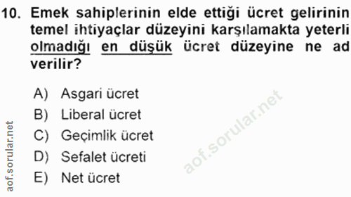 10. soru: Emek sahiplerinin elde ettiği ücret gelirinin temel ihtiyaçlar düzeyini karşılamakta yeterli olmadığı en düşük ücret…