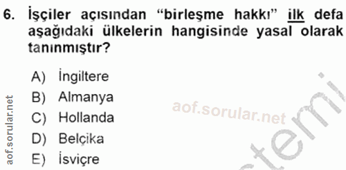 6. soru: İşçiler açısından "birleşme hakkı" ilk defa aşağıdaki ülkelerin hangisinde yasal olarak taninmıştır? A) ingiltere B)…