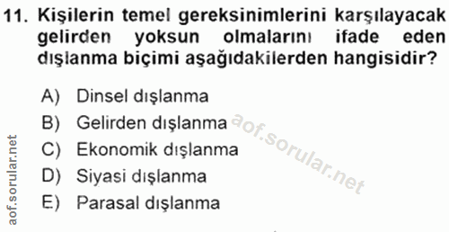 11. soru: Kişilerin temel gereksinimlerini karşılayacak gelirden yoksun olmalarını ifade eden dışianma biçimi aşağıdakilerden h…