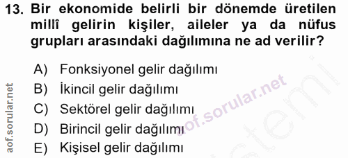13. soru: Bir ekonomide belirli bir dönemde üretilen milli gelirin kişiler, aileler ya da nüfus grupları arasındaki dağılımına…