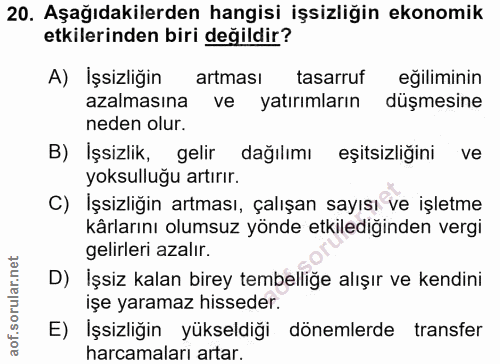 20. soru: Aşağıdakilerden hangisi işsizliğin ekonomik etkilerinden biri değildir? A) İşsizliğin artması tasarruf l eğiliminin a…