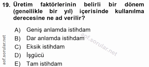 19. soru: Üretim faktörlerinin belirli bir dönem (genellikle bir yıl) içerisinde kullanılma derecesine ne ad verilir? A) Geniş…