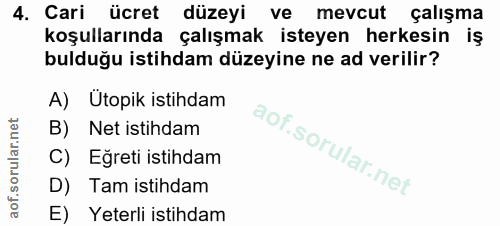 4. soru: Cari ücret düzeyi ve mevcut çalışma koşullarında çalışmak isteyen herkesin iş bulduğu istihdam düzeyine ne ad verilir…