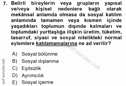 7. soru: Belirli bireylerin veya grupların yapısal ve/veya kişisel nedenlere bağlı olarak mekânsal anlamda olmasa da sosyal ka…