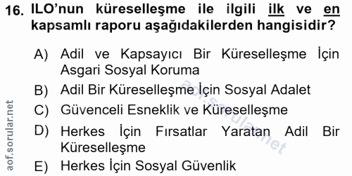 16. soru: ILO'nun küreselleşme ile ilgili ilk ve en kapsamlı raporu aşağıdakilerden hangisidir? A) Adil ve Kapsayıcı Bir Kürese…