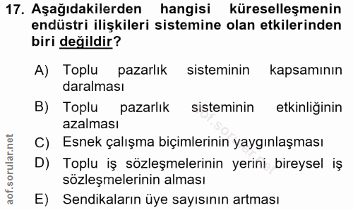 17. soru: Aşağıdakilerden hangisi küreselleşmenin endüstri ilişkileri sistemine olan etkilerinden biri değildir? A) Toplu pazar…