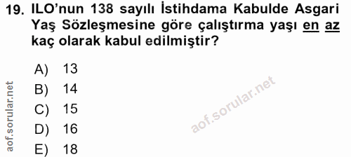 19. soru: ILO'nun 138 sayılı İstihdama Kabulde Asgari Yaş Sözleşmesine göre çalıştırma yaşı en az kaç olarak kabul edilmiştir?…