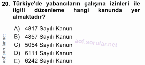 20. soru: Türkiye'de yabancıların çalışma izinleri ile ilgili düzenleme hangi kanunda yer almaktadır? A) 4817 Sayılı Kanun B) 4…