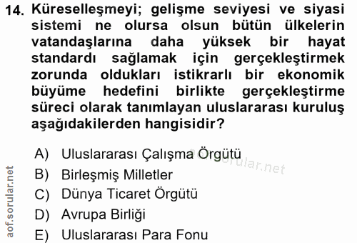 14. soru: Küreselleşmeyi; gelişme seviyesi ve siyasi sistemi ne olursa olsun bütün ülkelerin vatandaşlarına daha yüksek bir hay…