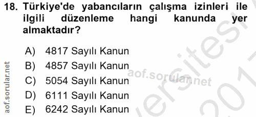 18. soru: Türkiye'de yabancıların çalışma izinleri ile ilgili düzenleme hangi kanunda yer almaktadır? A) 4817 Sayılı Kanun 4857…