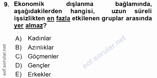 9. soru: Ekonomik dışlanma bağlamında, aşağıdakilerden hangisi, uzun süreli işsizlikten en fazla etkilenen gruplar arasında ye…