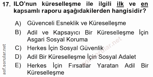 17. soru: ILO'nun küreselleşme ile ilgili ilk ve en kapsamlı raporu aşağıdakilerden hangisidir? A) Güvenceli Esneklik ve Kürese…