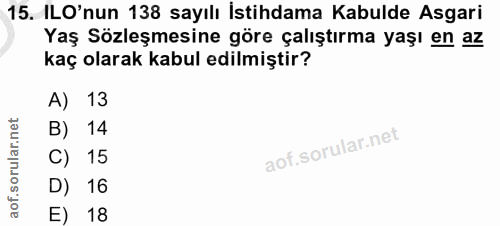 15. soru: ILO'nun 138 sayılı İstihdama Kabulde Asgari Yaş Sözleşmesine göre çalıştırma yaşı en az kaç olarak kabul edilmiştir?…