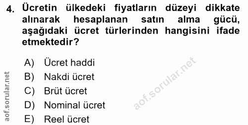 4. soru: Ucretin ülkedeki fiyatların düzeyi dikkate alınarak hesaplanan satın alma gücü, aşağıdaki ücret türlerinden hangisini…