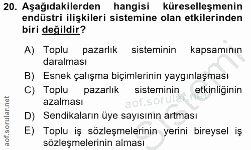 20. soru: Aşağıdakilerden hangisi küreselleşmenin endüstri ilişkileri sistemine olan etkilerinden biri değildir? A) Toplu pazar…