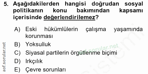 5. soru: Aşağıdakilerden hangisi doğrudan sosyal politikanın konu bakımından kapsamı içerisinde değerlendirilemez? A) Eski hük…